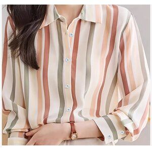 Striped Button-Down Long Sleeve Shirt For Women - Multicolor XL